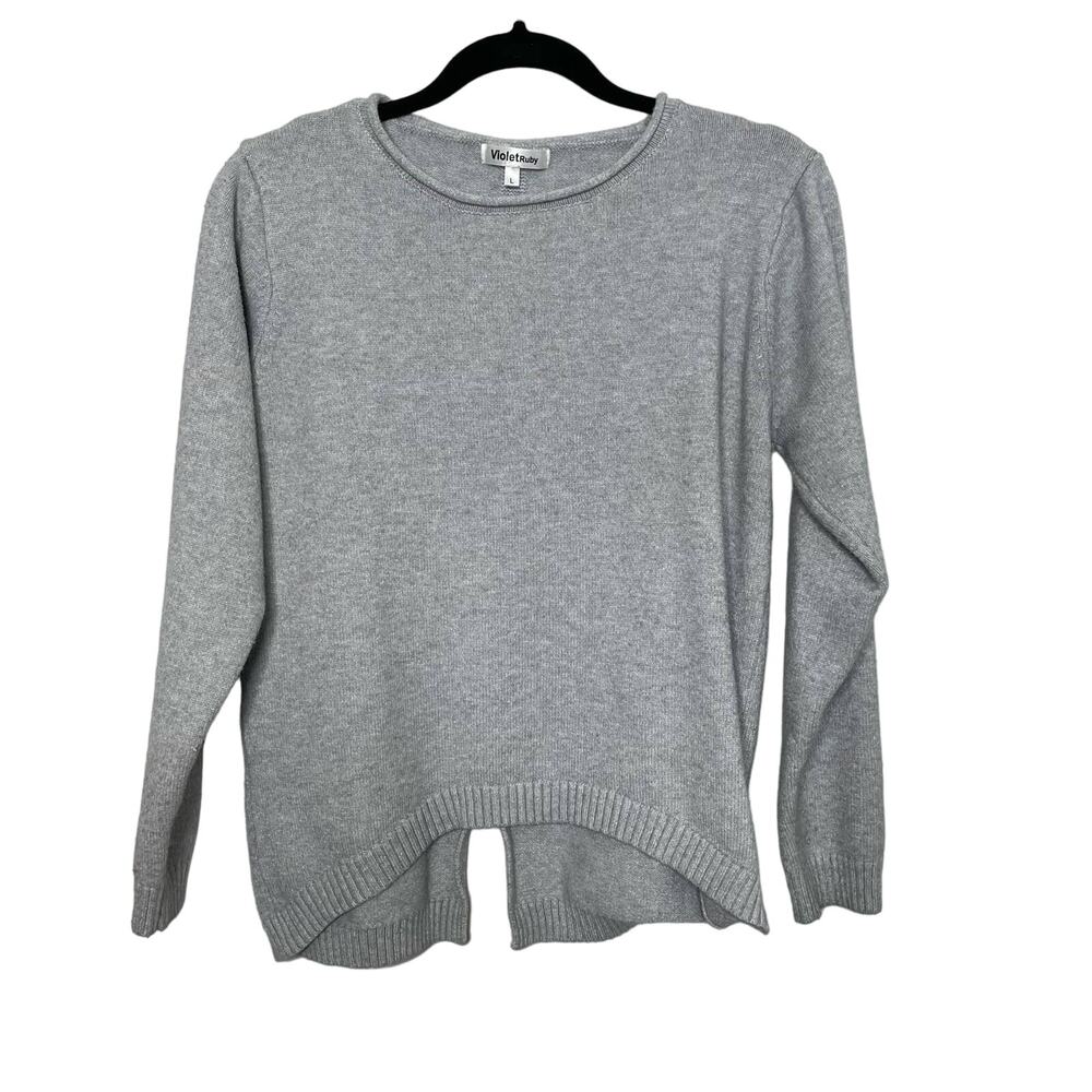 Violet‎ Ruby Pullover Sweater Asymmetrical Hem Knitted Back Slit Crewneck Gray L
